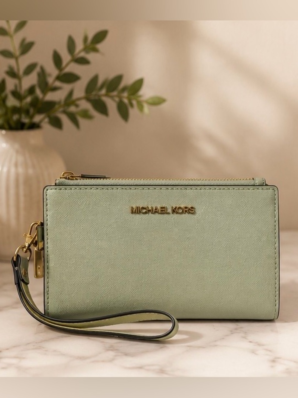 Michael Kors Jet Set Double Zip Phone Wallet Wristlet Light Sage NWOT